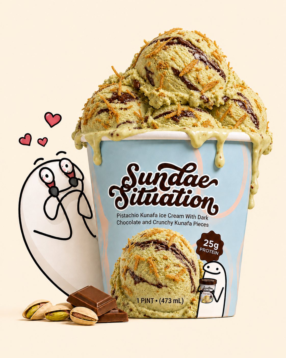 Sundae Situation Pistachio Kunafa, scooped high with dark chocolate drip and crunchy kunafa pieces