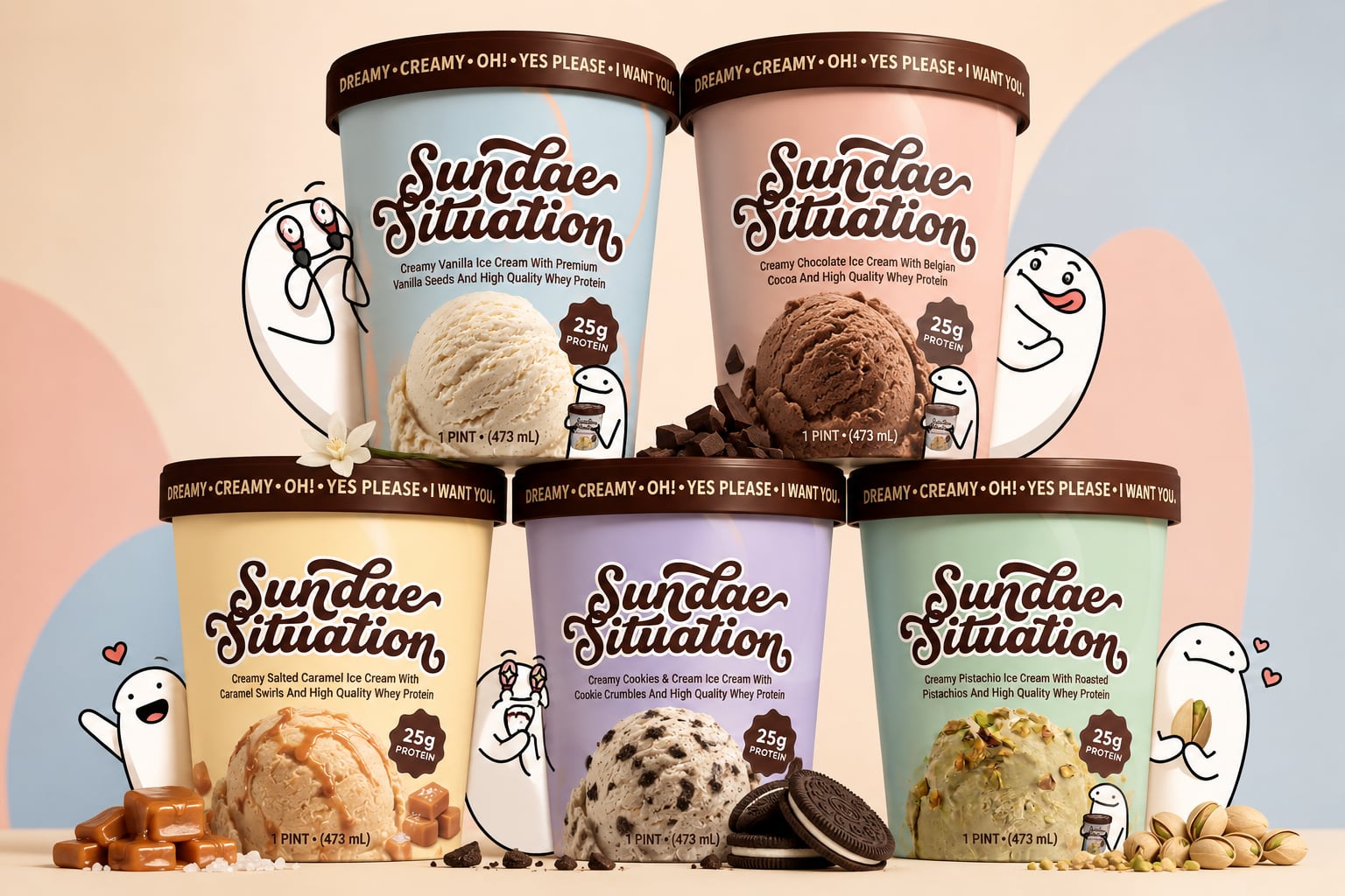 The Sundae Situation lineup: Vanilla, Chocolate, Salted Caramel, Cookies & Cream, and Pistachio pints stacked together